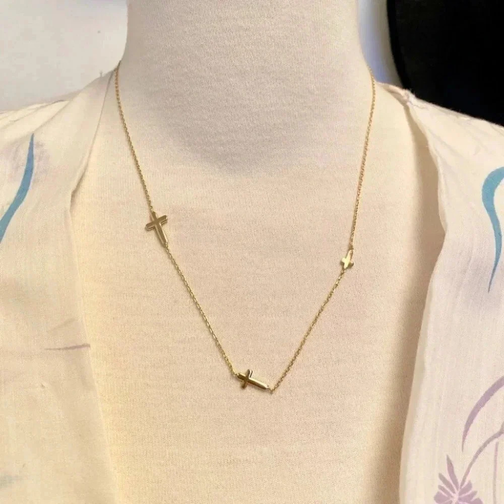 Vintage - Triple Cross Yellow Gold Plated Sterling Silver Necklace